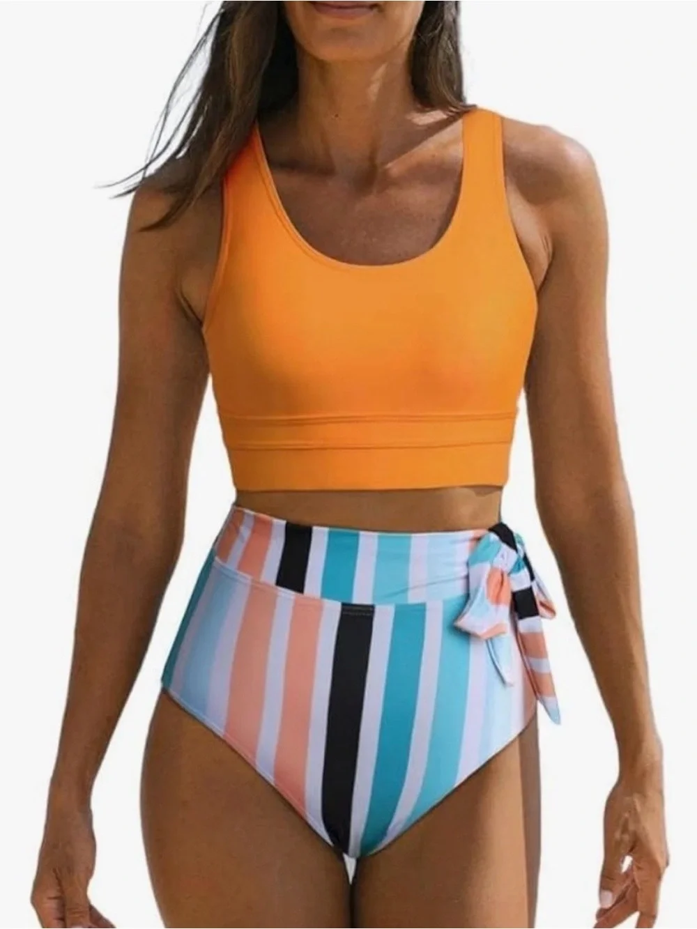 Orange Crop Tank Bikini Top with High-Waist Striped Tie-Side Bottom Set